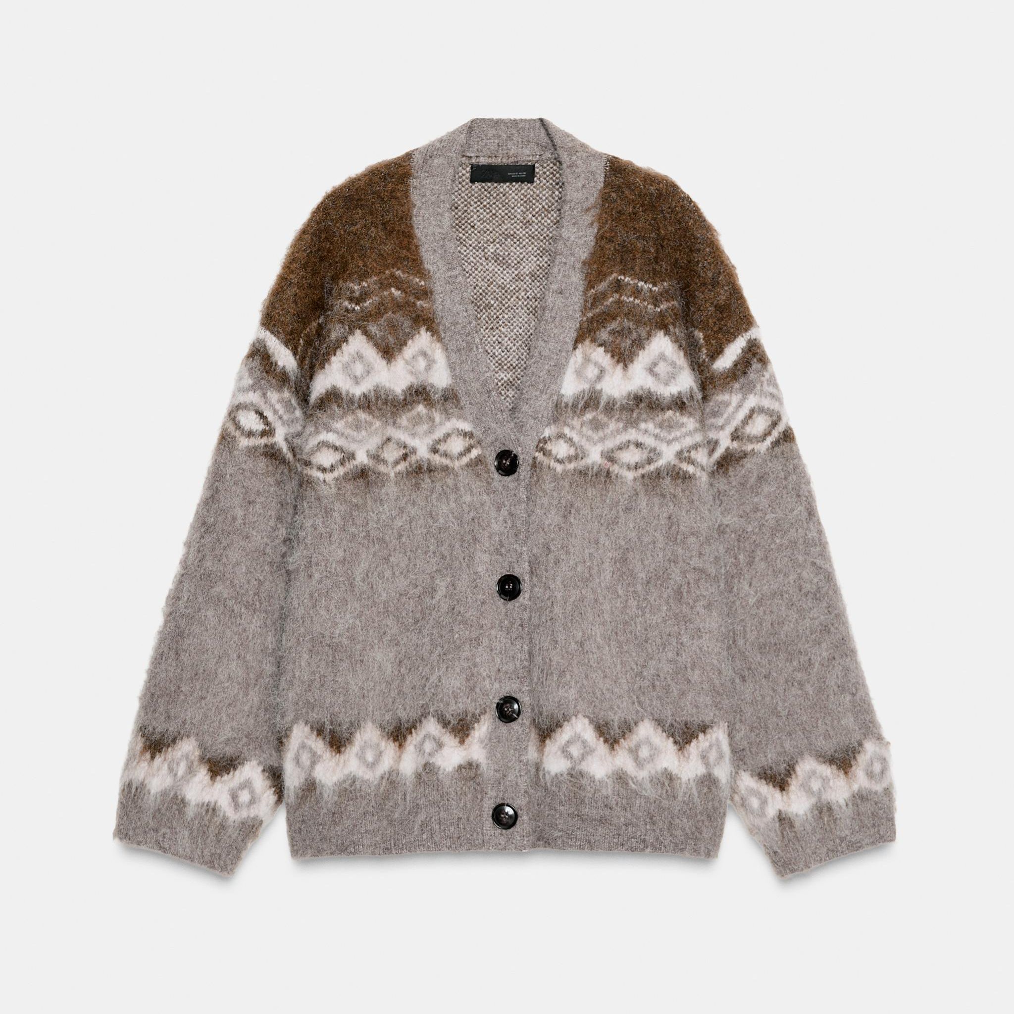 Brushed Effect Jacquard Knit Cardigan