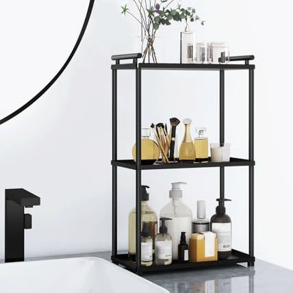Votzaaq 3 Tier Bathroom Organizer Countertop, Metal Perfume Tray and Vanity Countertop Shelf, Makeup Skin Care Bathroom Organizers and Storage for Dresser, Kitchen (matte Black)