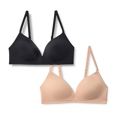 Amazon Essentials Women's Padded Wireless Plunge Bralette, Ultra-Smooth 4-Way Stretch Microfibre, Pack of 2, Black/washed Bronze, 38a