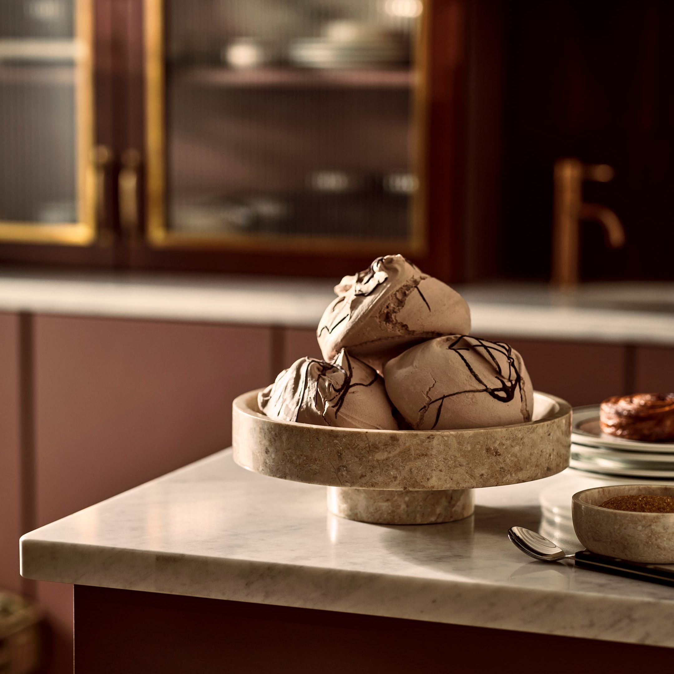 Footed Marble Serving Bowl - Beige