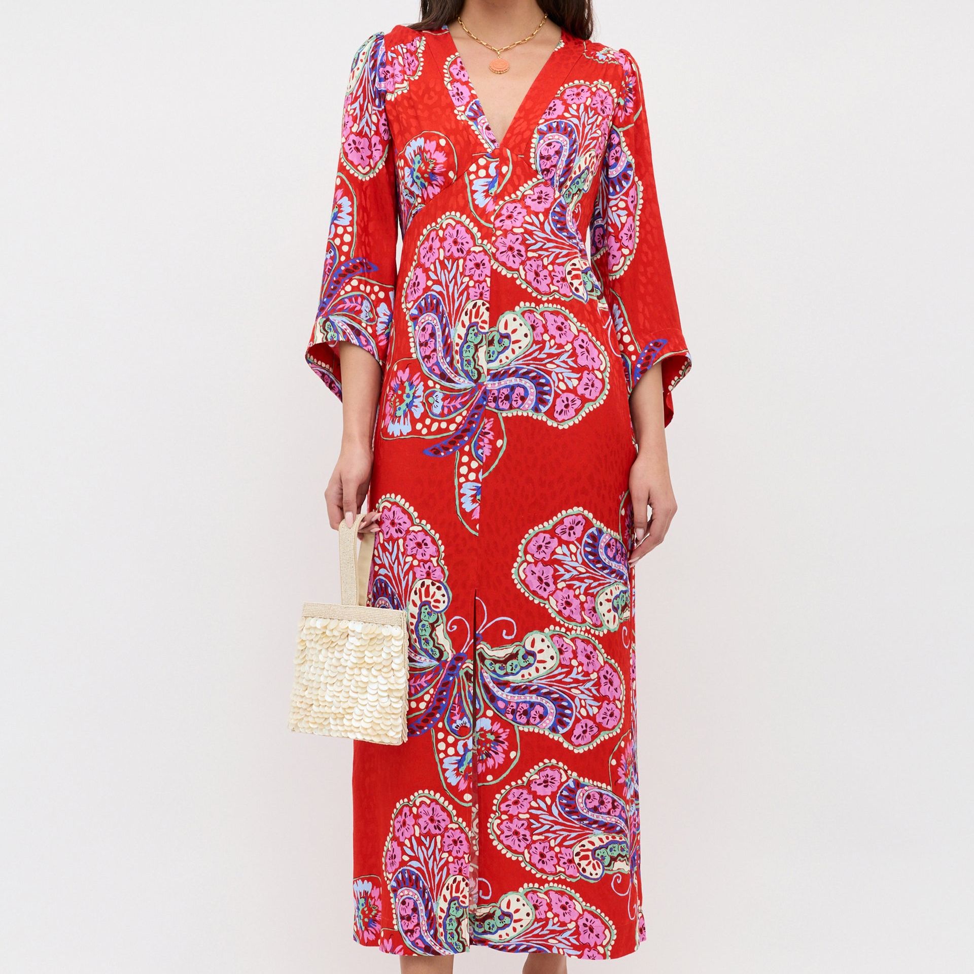 Dahlia Satin Jacqaurd Midi Dress in Butterfly Bloom Jacquard Red