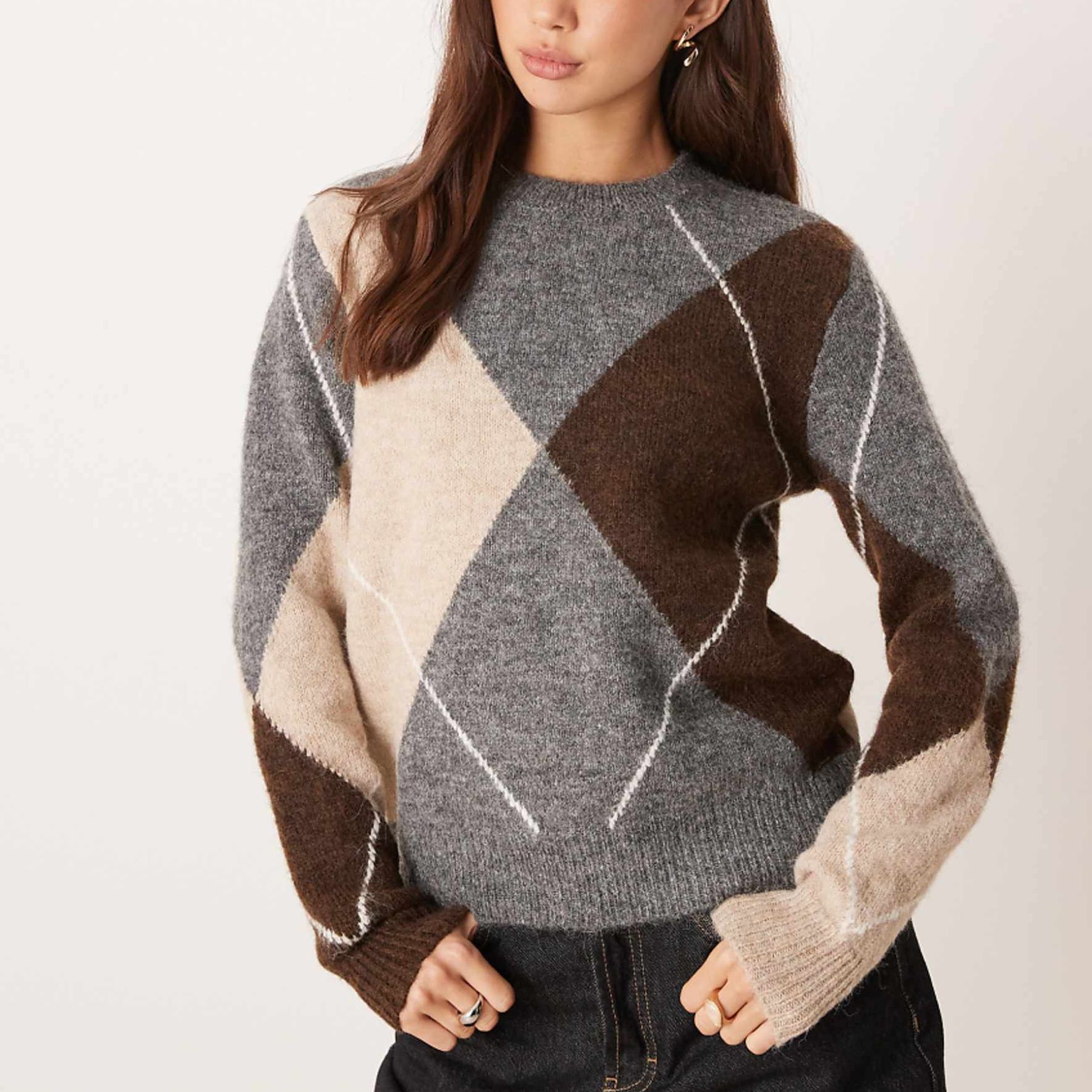 Aware Oversized Hairy Textured Argyle Print Knitted Jumper in Grey and Brown