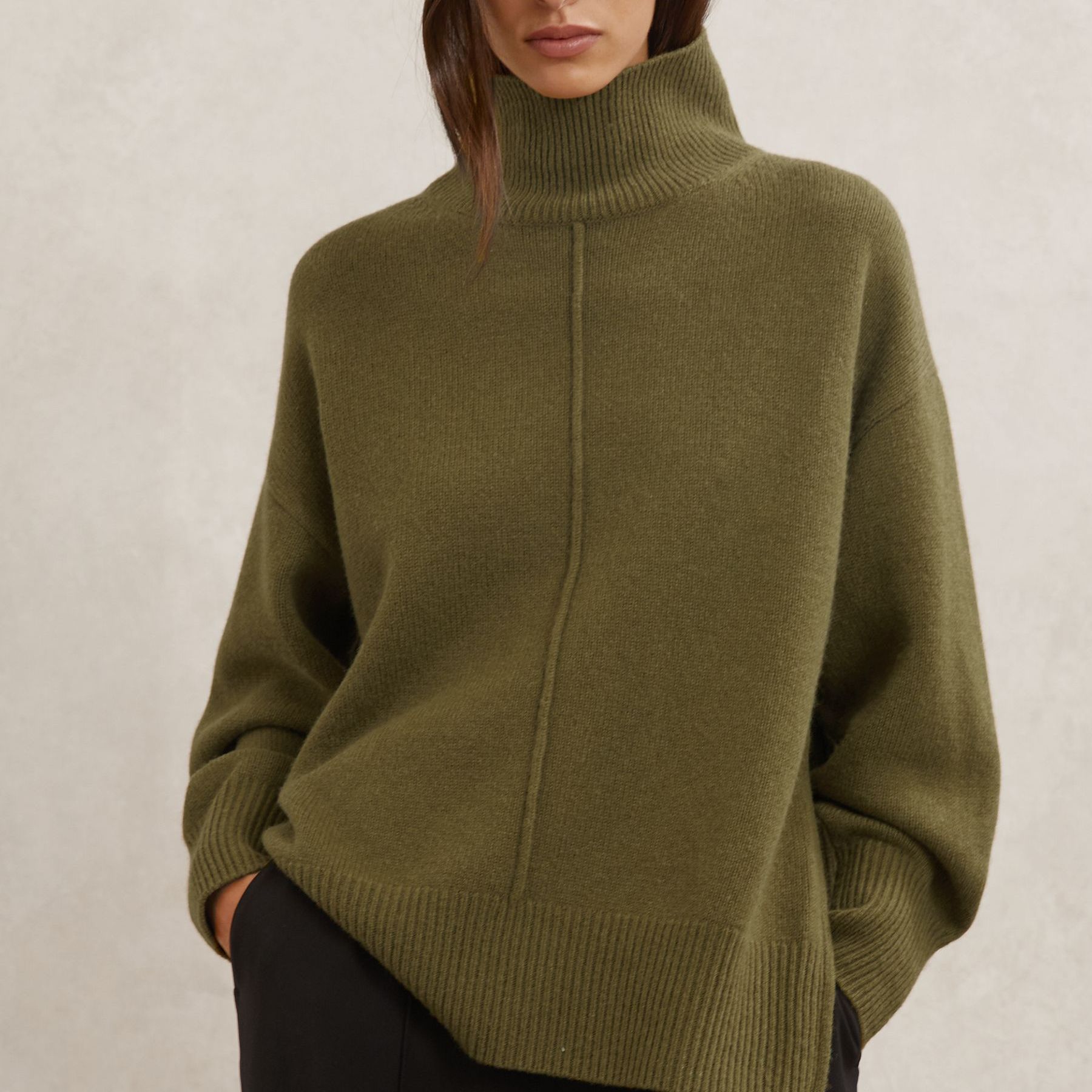 Wool Zip-Detail Funnel-Neck Jumper in Green