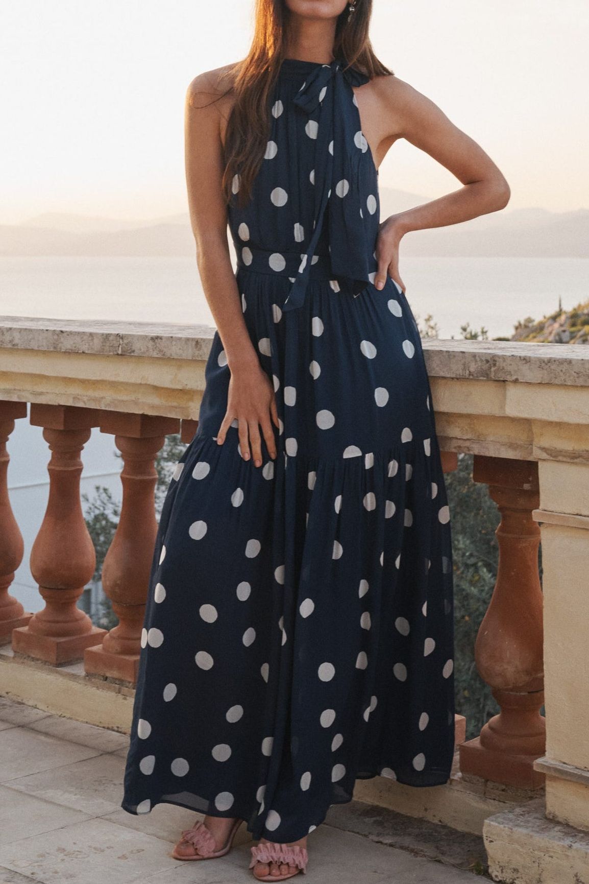 Roisin Tie Neck Maxi Dress-Navy Painted Dot Spaced
