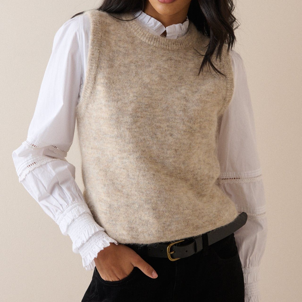 Oatmeal Marl Ribbed Trim Knitted Vest