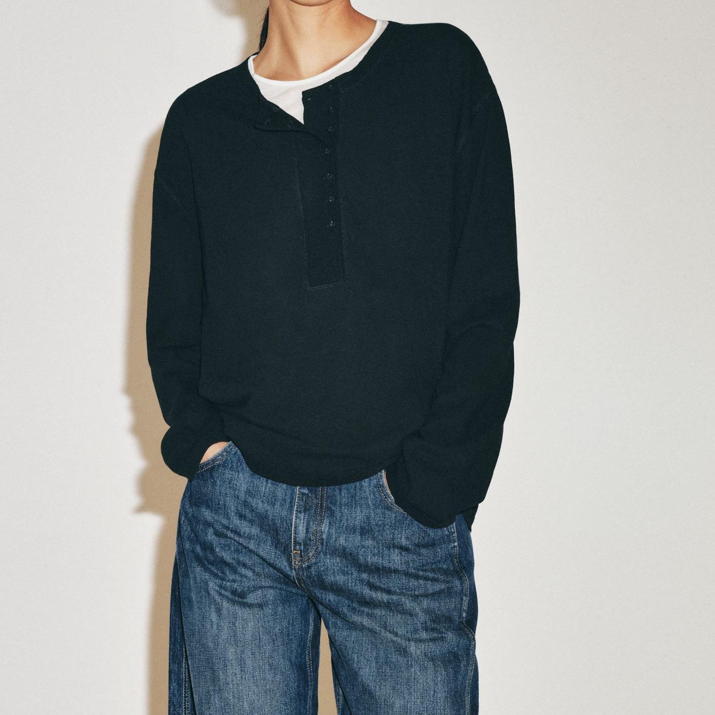 Linen Blend Henley T-Shirt - Black - S