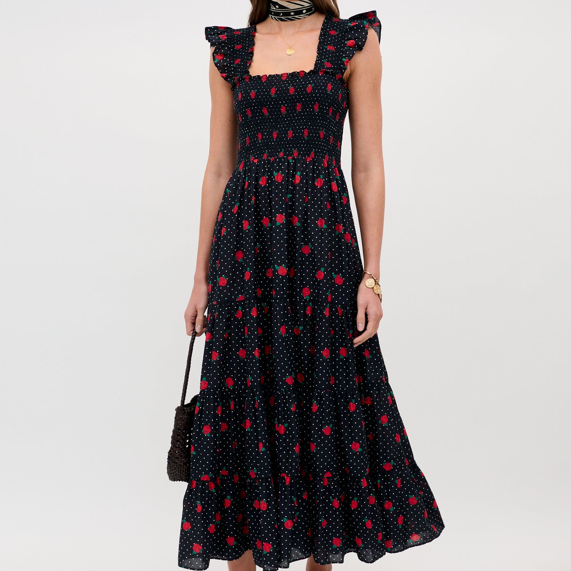 Kendall Cotton Midi Dress in Rose Spot Black