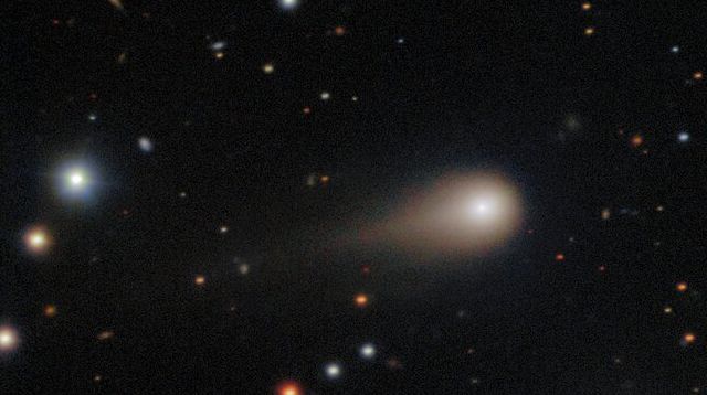 The image shows the comet&amp;rsquo;s broad coma &amp;mdash; a cloud of gas and dust that forms around the comet&amp;rsquo;s icy nucleus as it gets closer to the Sun &amp;mdash; and a tail spanning about 1/120th of a degree in the sky (where one degree is about the width of a pinky finger on an outstretched arm) and pointing away from the Sun. 3I/ATLAS is only the third confirmed interstellar visitor to our Solar System. The exposures tracked the comet as it traveled across the sky, and the final image is composed to freeze the stars in place during the observation. Two small colored trails from unrelated asteroids with a different motion from that of the comet can also be seen.