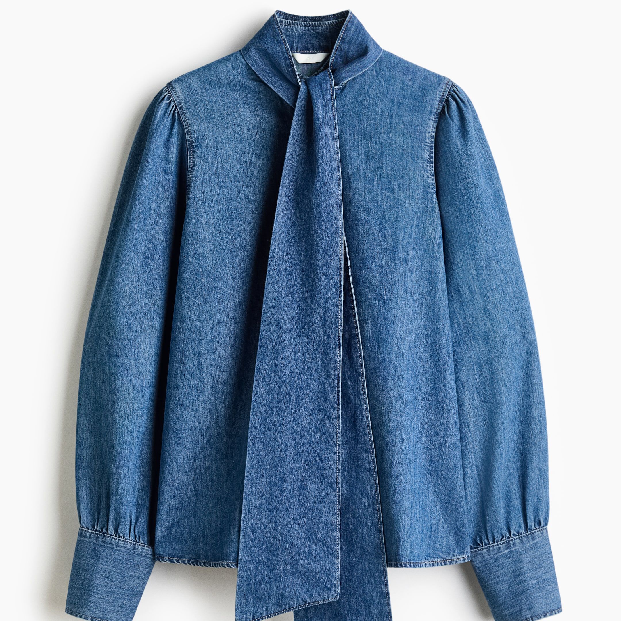 Scarf-Detail Denim Blouse - Denim Blue