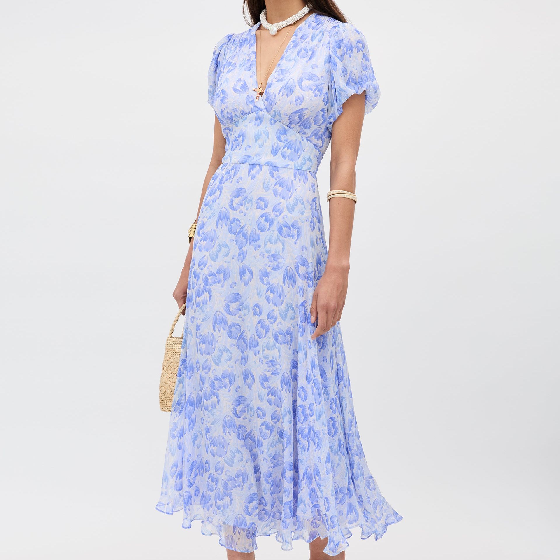 Corrine Chiffon Dress in Tulip Fields Cornflower Blue