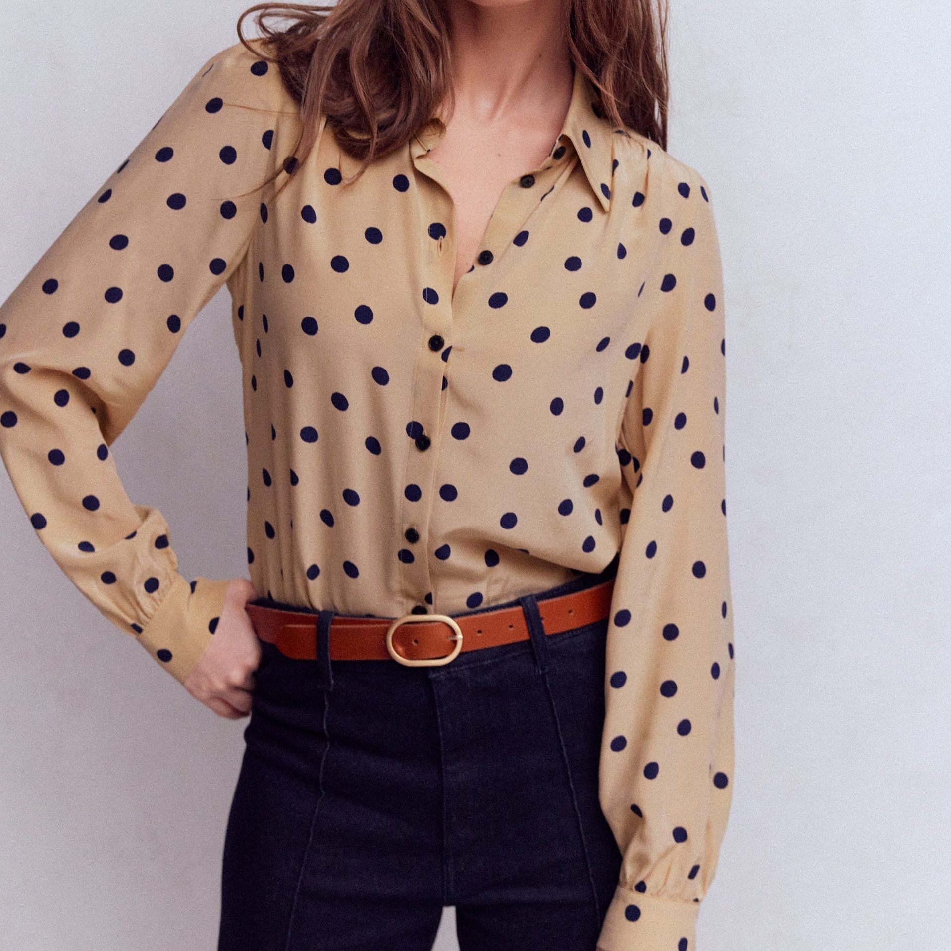 Sara Silk Shirt-Sand, Painted Dot Spaced