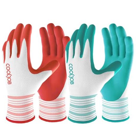 Cooljob 6 Pairs Gardening Gloves for Women Ladies, Breathable Rubber Coated for Yard Garden, Outdoor Indoor Protective Work With Grip, Medium Size, Red &amp;amp; Green