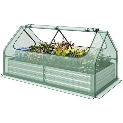 Giantex Galvanized Steel Raised Garden Bed With Mini Greenhouse, Outdoor Metal Planter Box Kit With Large Roll-Up Cover, 71"x 35.5"x 36" Planter Raised Bed for Flower Vegetable Fruit (green &amp;amp; Silver)