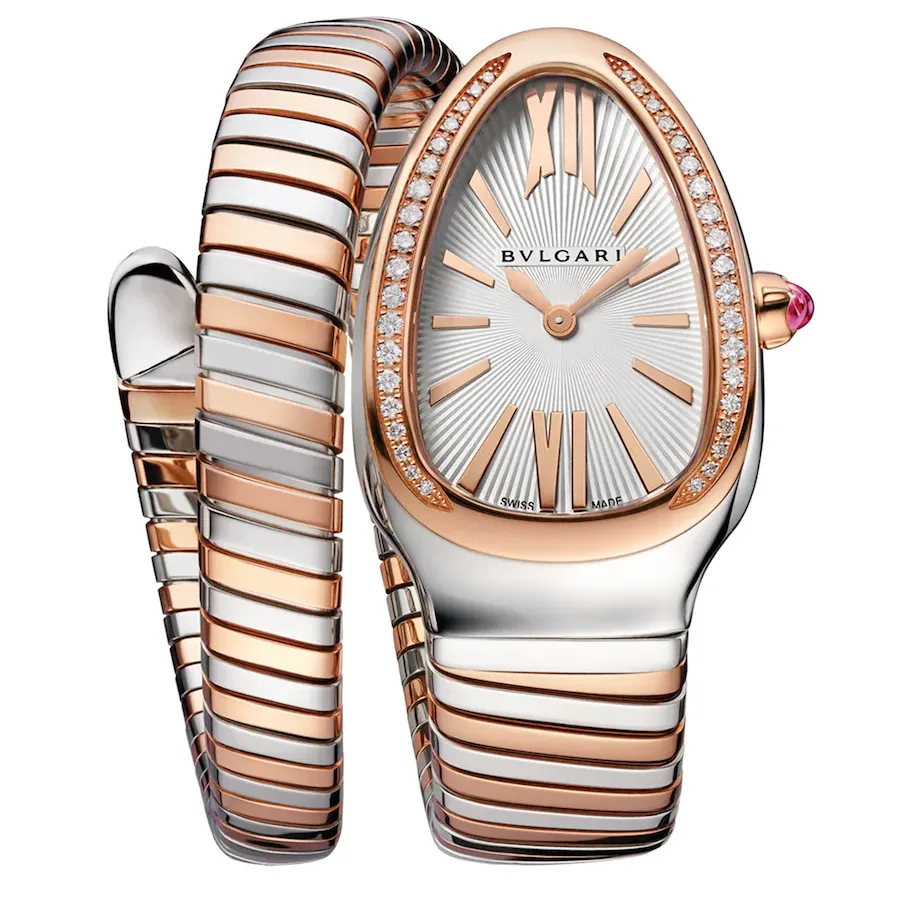 Bvlgari, Rose Gold, Stainless Steel, Diamond and Rubellite Serpenti Tubogas Watch 35mm