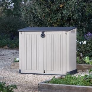 Keter Store-It-Out Midi Outdoor Resin Storage Shed &amp;ndash; Weather-Resistant Horizontal Cabinet for Trash Cans, Garden Tools &amp;amp; Patio Accessories &amp;ndash; Lockable, Easy-Lift Lid, 30 Cu. Ft. Capacity, Beige