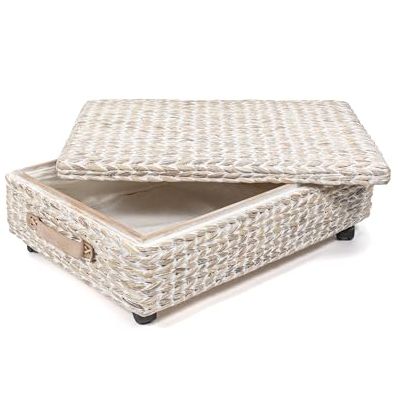 Happimess Bsk1006c 26.38" Chett Minimalist Hand-Woven Hyacinth/wood Underbed Storage Bin With Wheels and Handles for Storage and Decoration in Bathroom, Bedroom, Closet,entryway,guest Room, White Wash