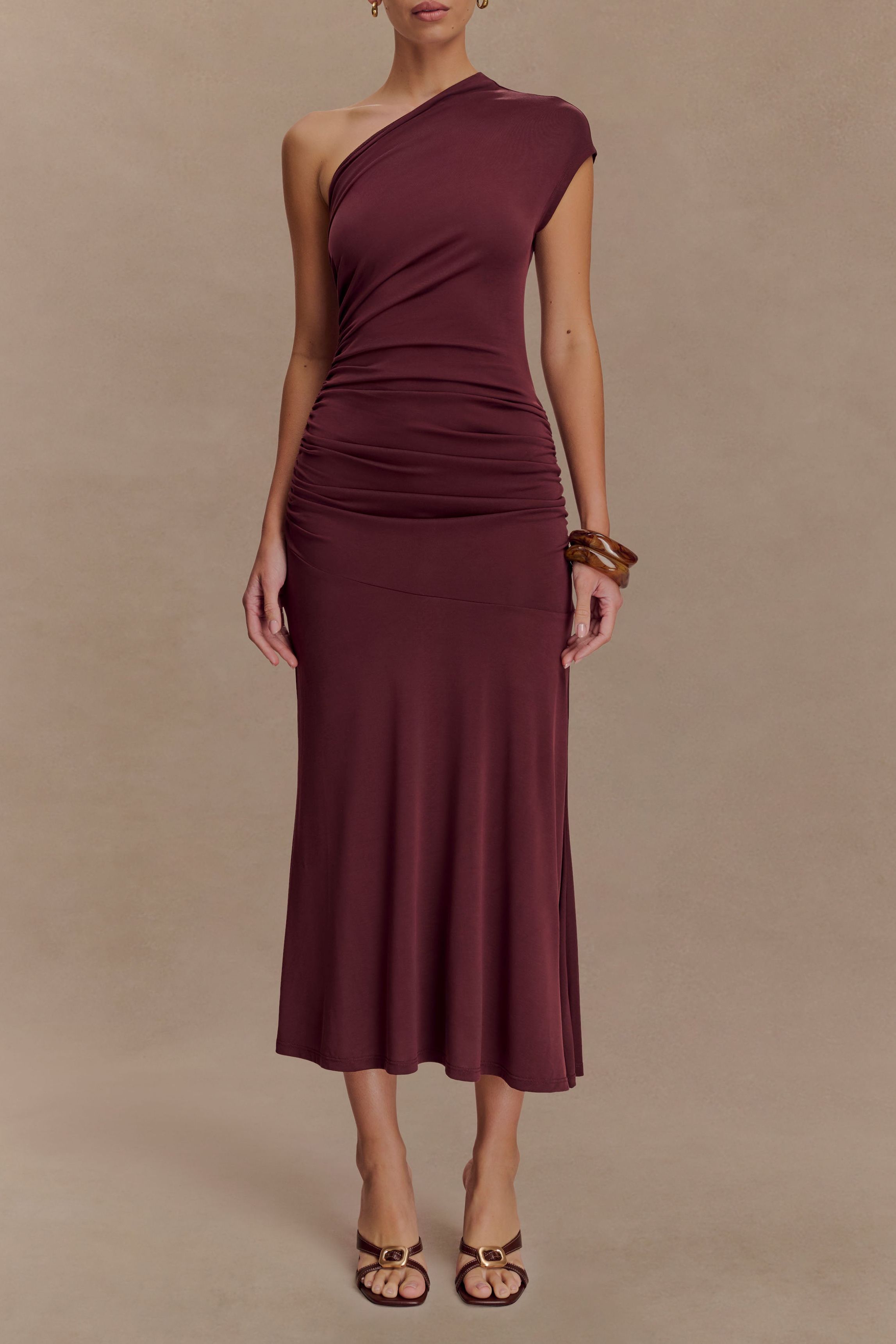 Chloe Peached Jersey One Shoulder Midi Dress - Mahogany Xxs