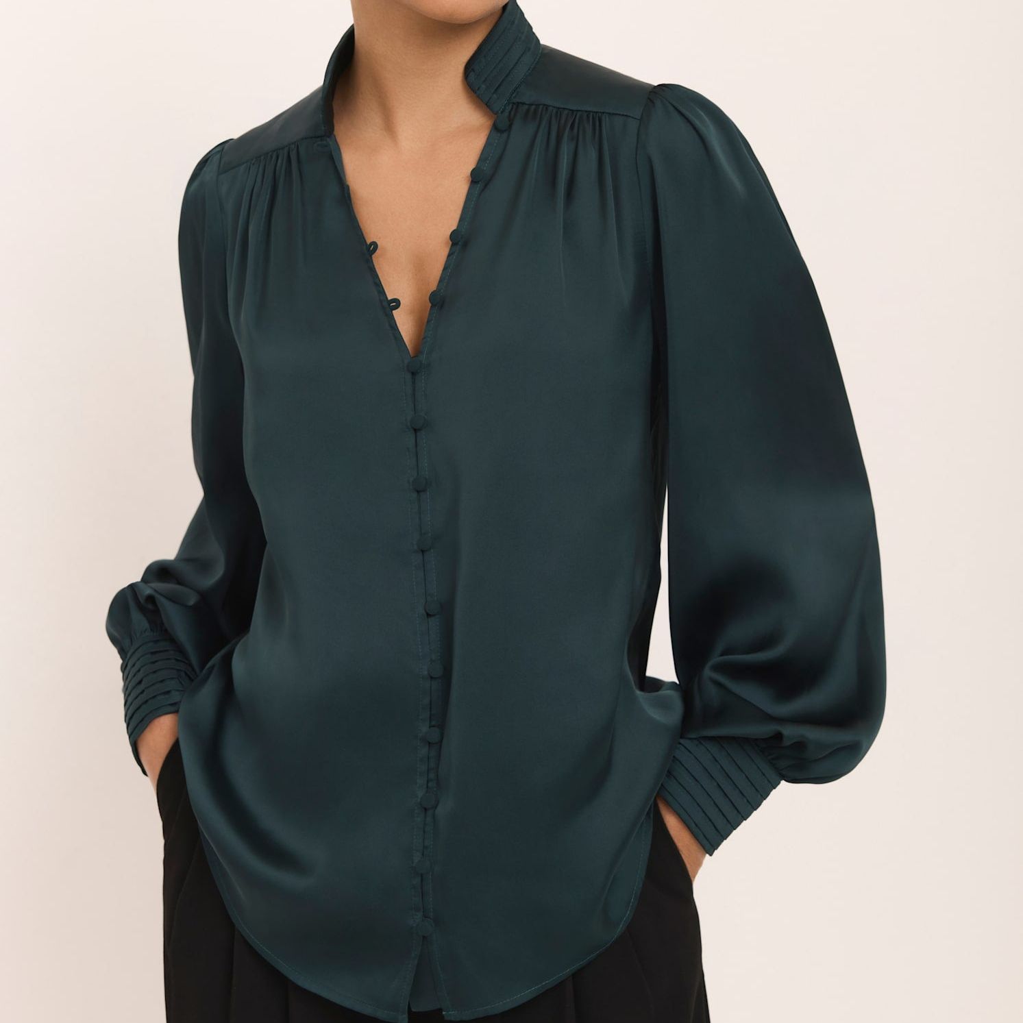 Teal Satin Long Sleeve Blouse