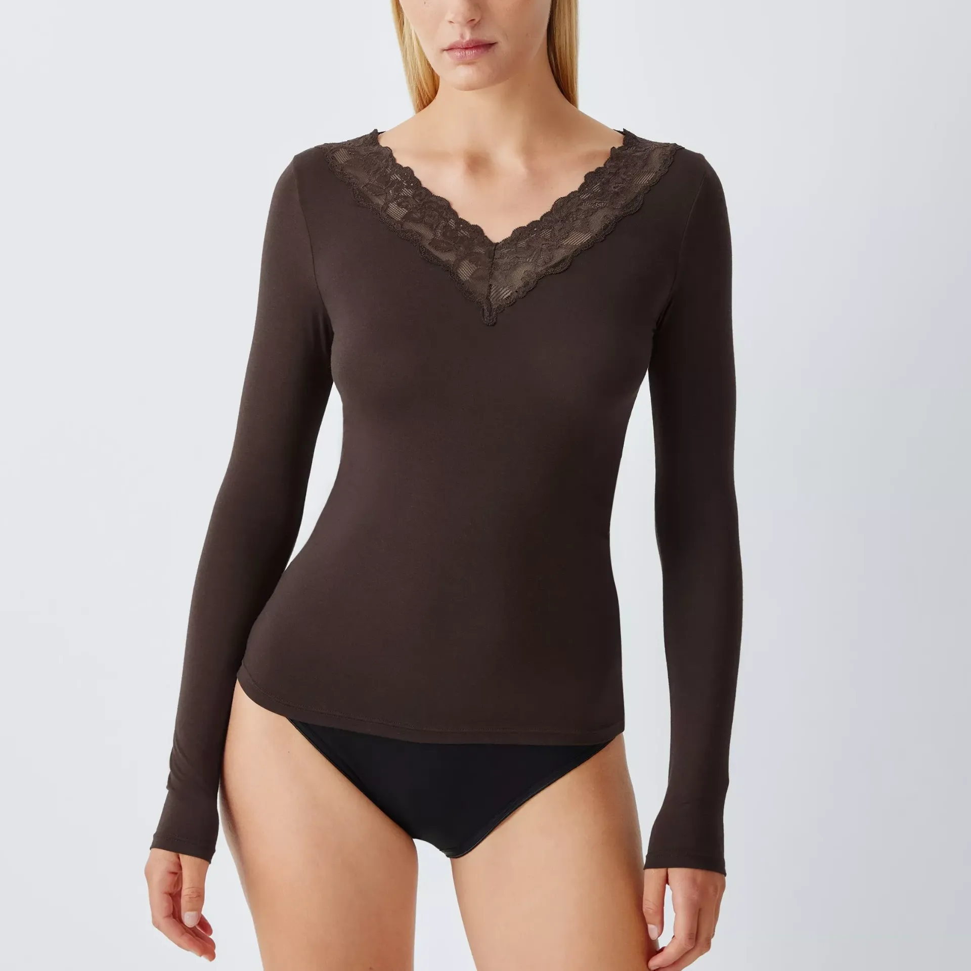 John Lewis Modal Lace With Cashmere Long Sleeve Top, Black