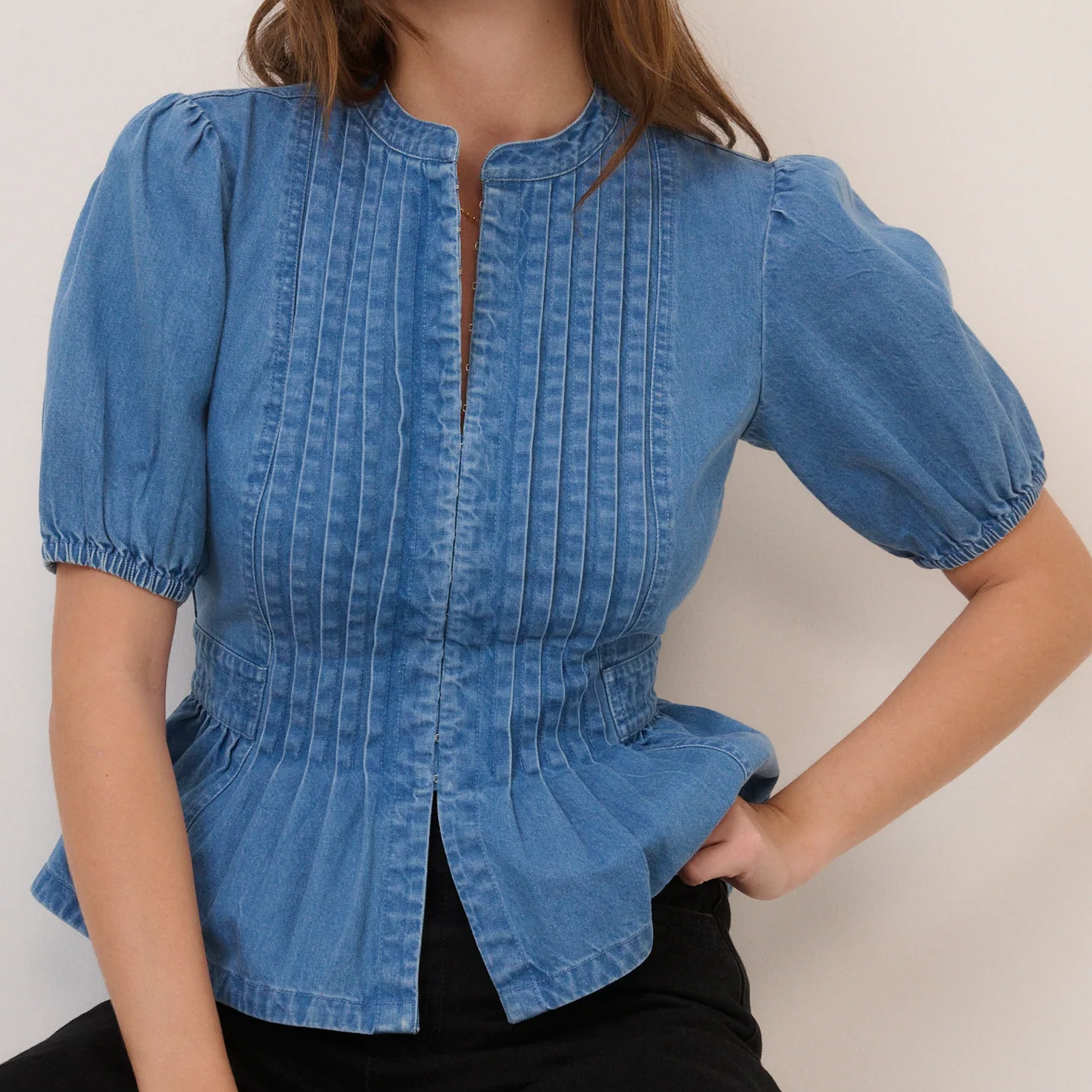 Nobody's Child, Blue Short Sleeve Denim Blouse