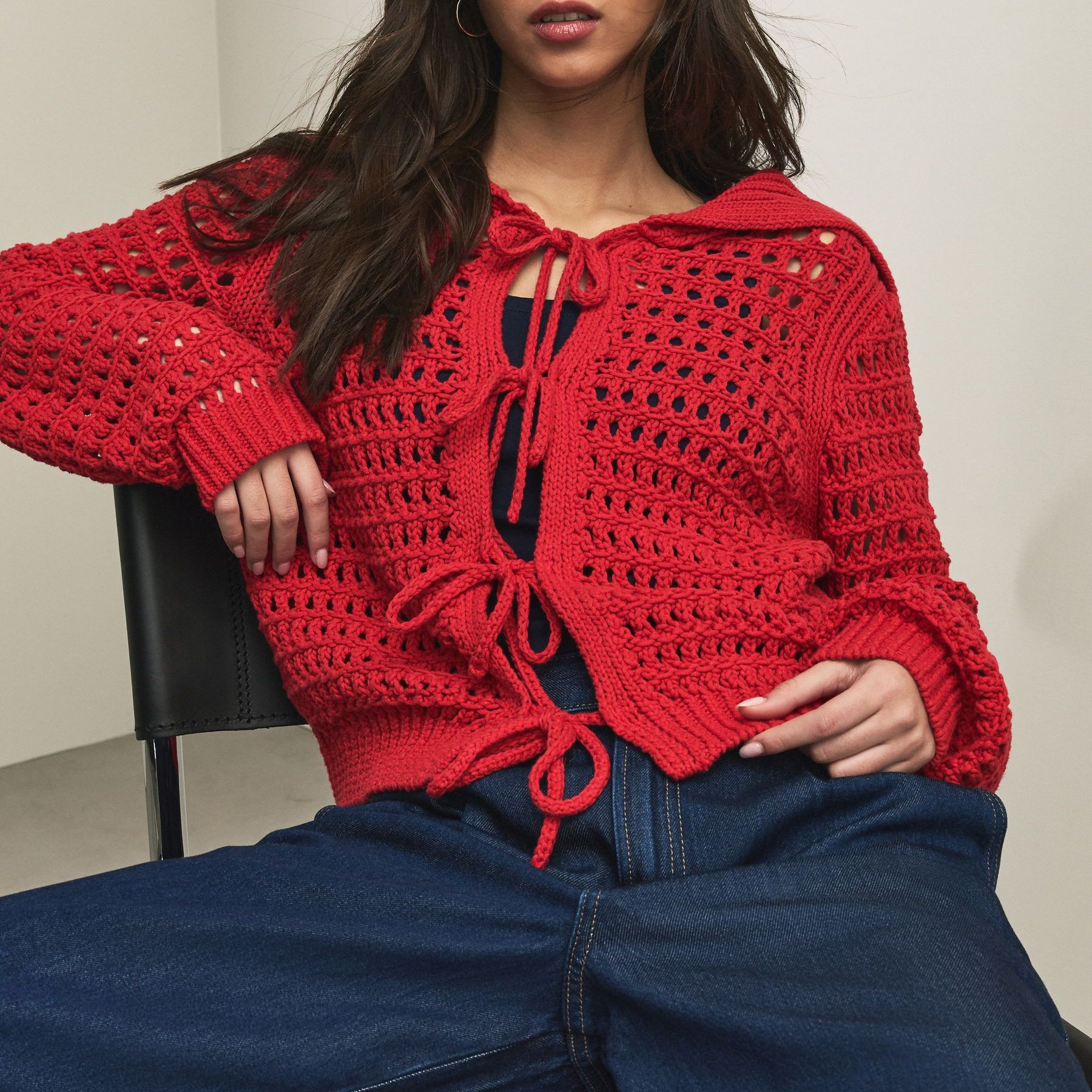 Red Cotton Rich Mesh Tie Front Cardigan