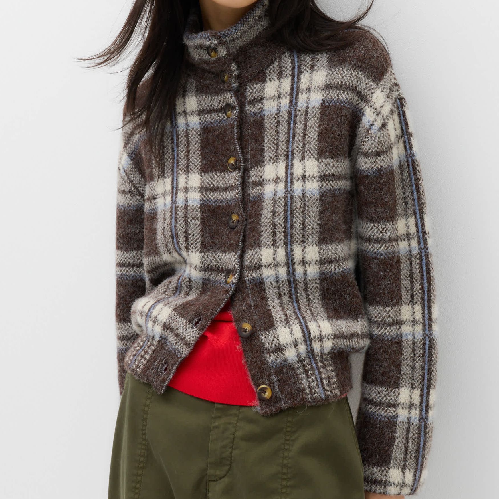 Checked Funnel Neck Relaxed Fit Knitted Jacket