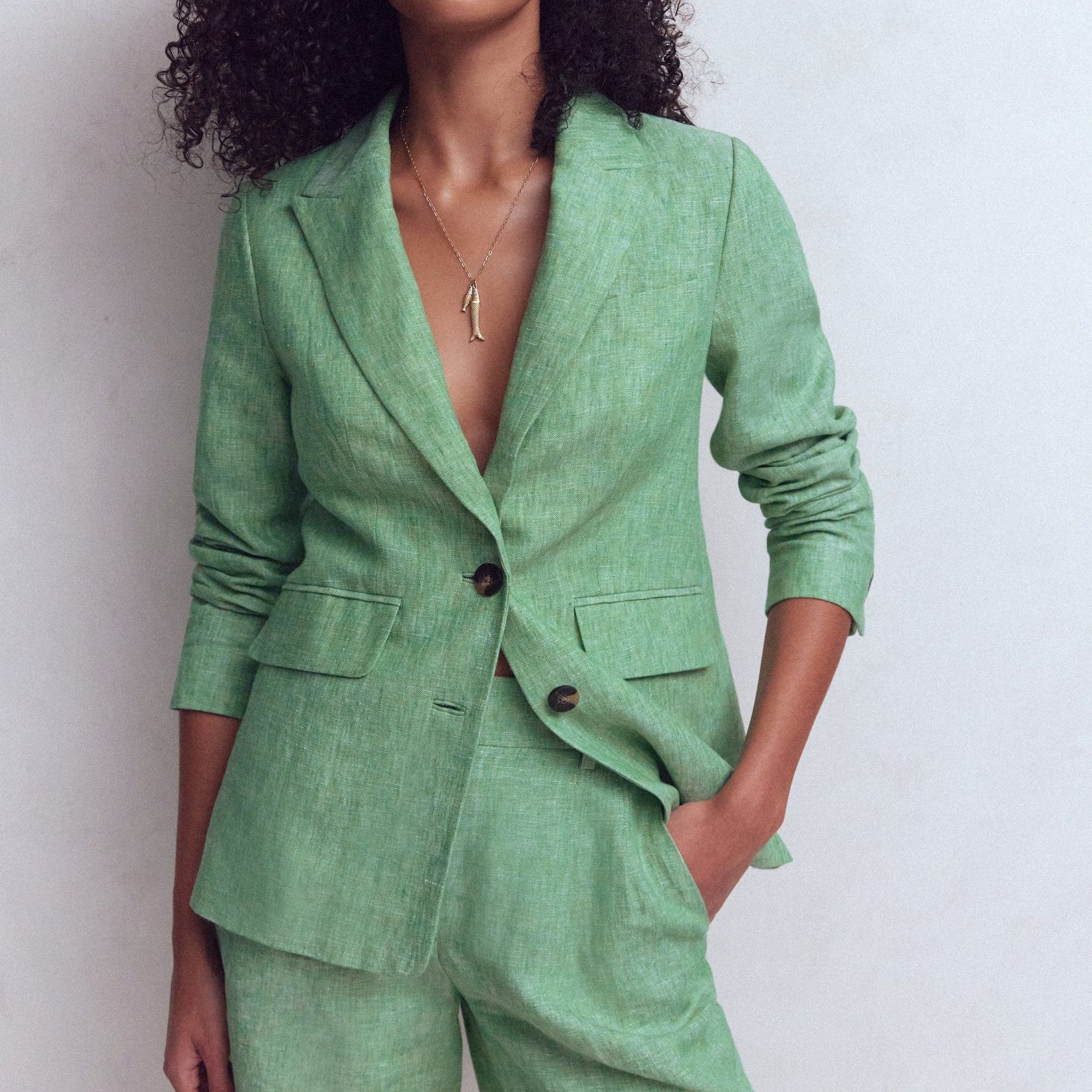 Stamford Linen Blazer-Aloe Green Chambray