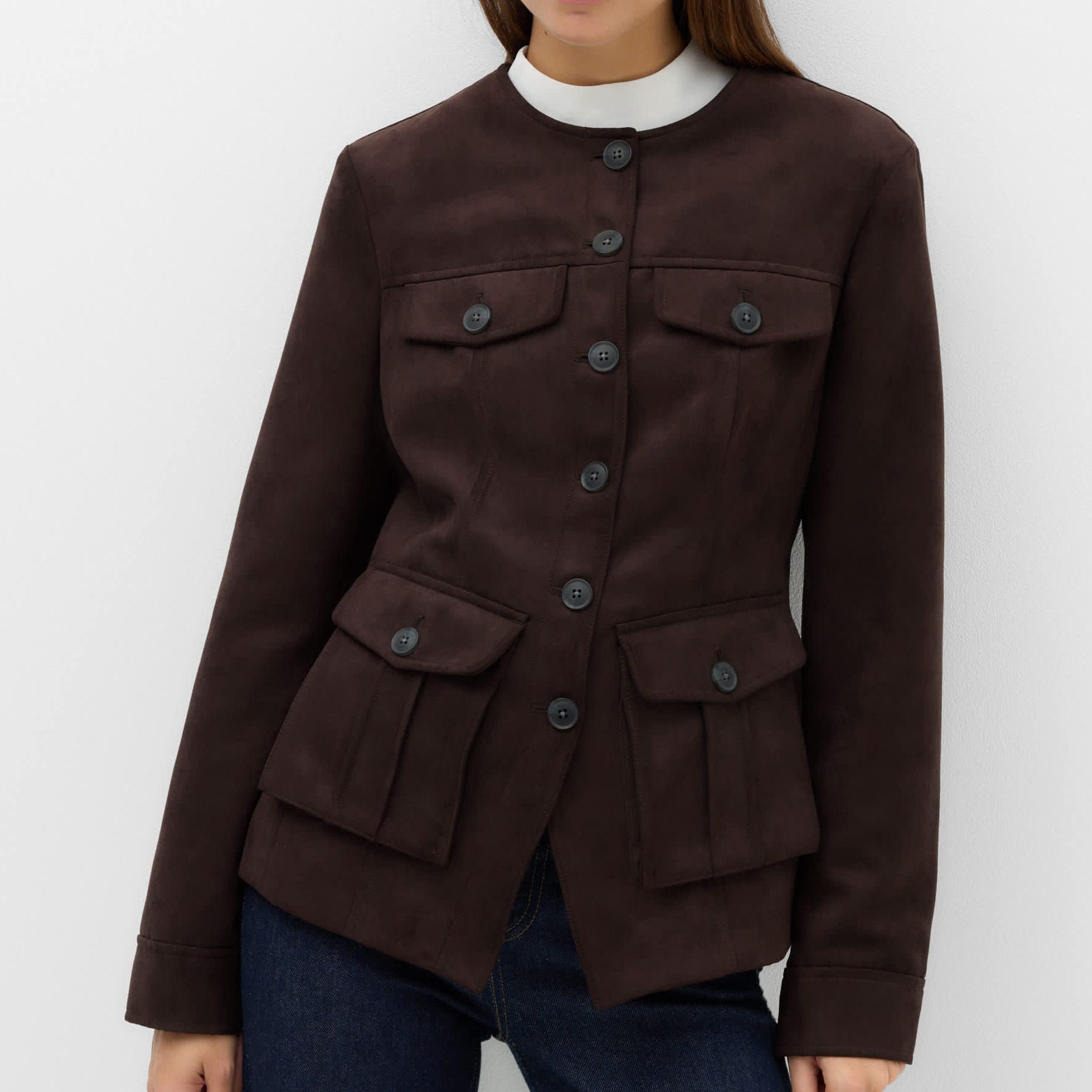 Suedette Colarless Utility Jacket