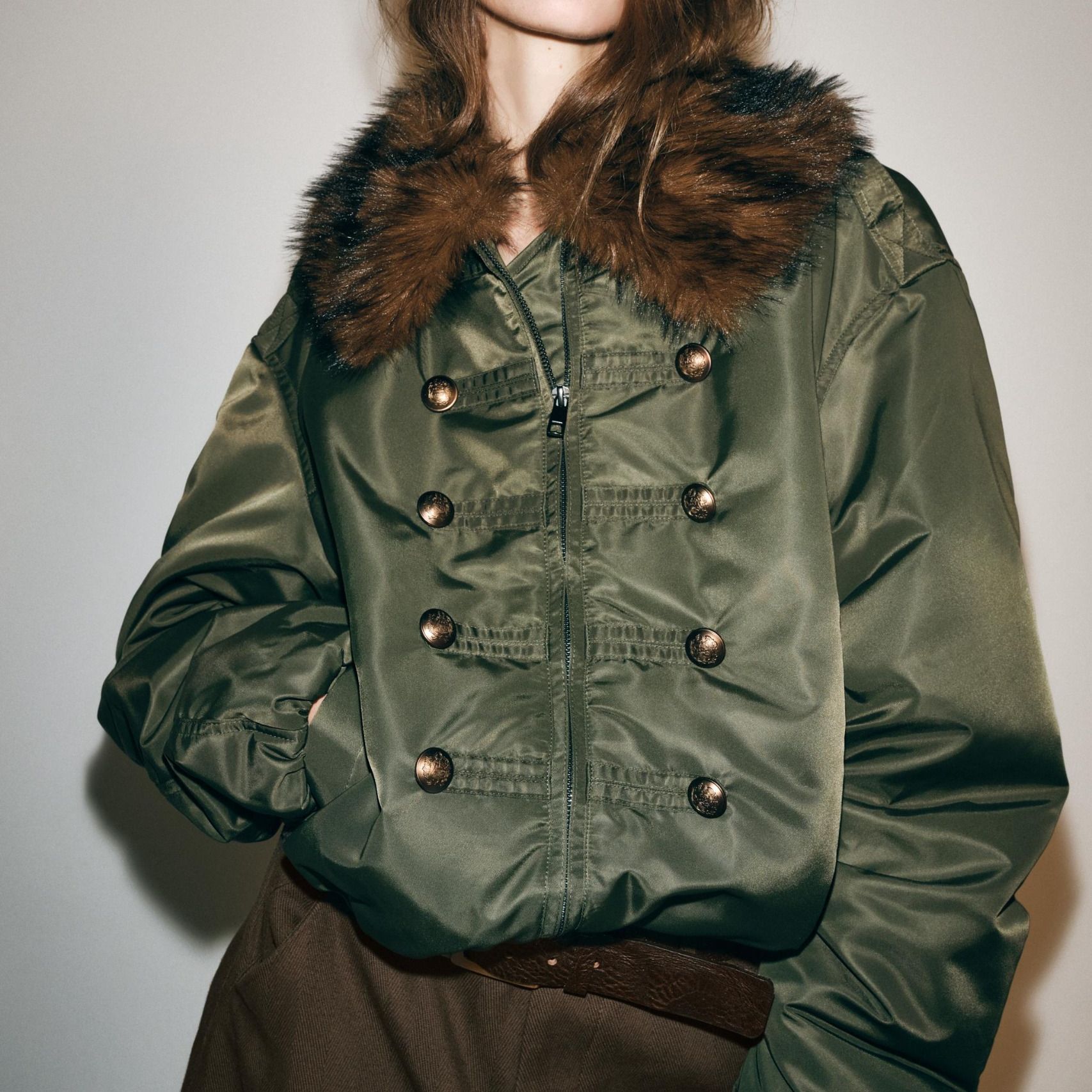 Zw Collection Nylon Bomber With Faux Fur Collar - Mid-Green - Xs