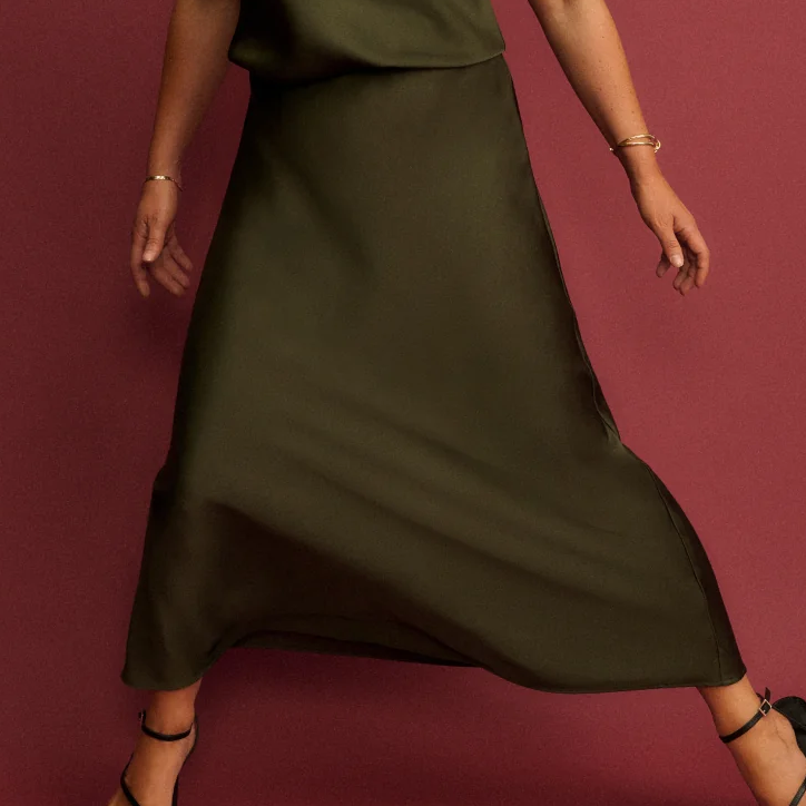 Nobody's Child, Olive Green Satin Slip Maxi Skirt