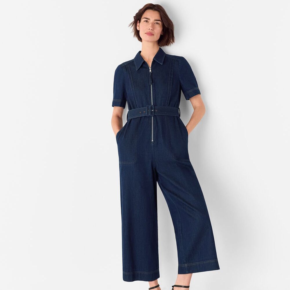 Denim Pintuck Belted Jumpsuit