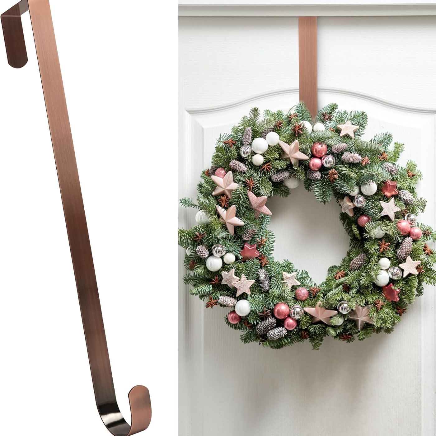 Hoosun Wreath Hanger for Front Door for Halloween and Christmas Decorations,12 Inches Metal Wreath Hanger for Fall Decor,20 Lbs Over the Door Hooks for Front Porch Home Decor