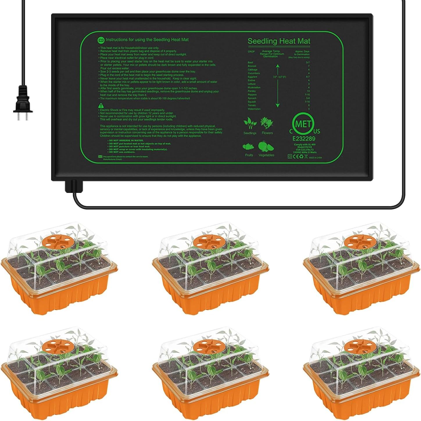 Gooingtop Seedling Trays + Heat Mat 10''x20.7'', 6 Pack 72 Cells Plant Grow Starter With Adjustable Humidity Vent for Mini Greenhouse Garden Germination,bonsai Seed Starting Growing