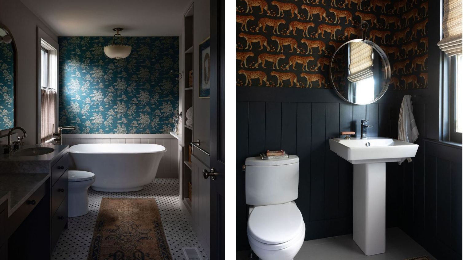 two pictures next to each other. On the left, a bathroom with bath and wallpaper above it. On the right, a power room with toilet and wallpaper