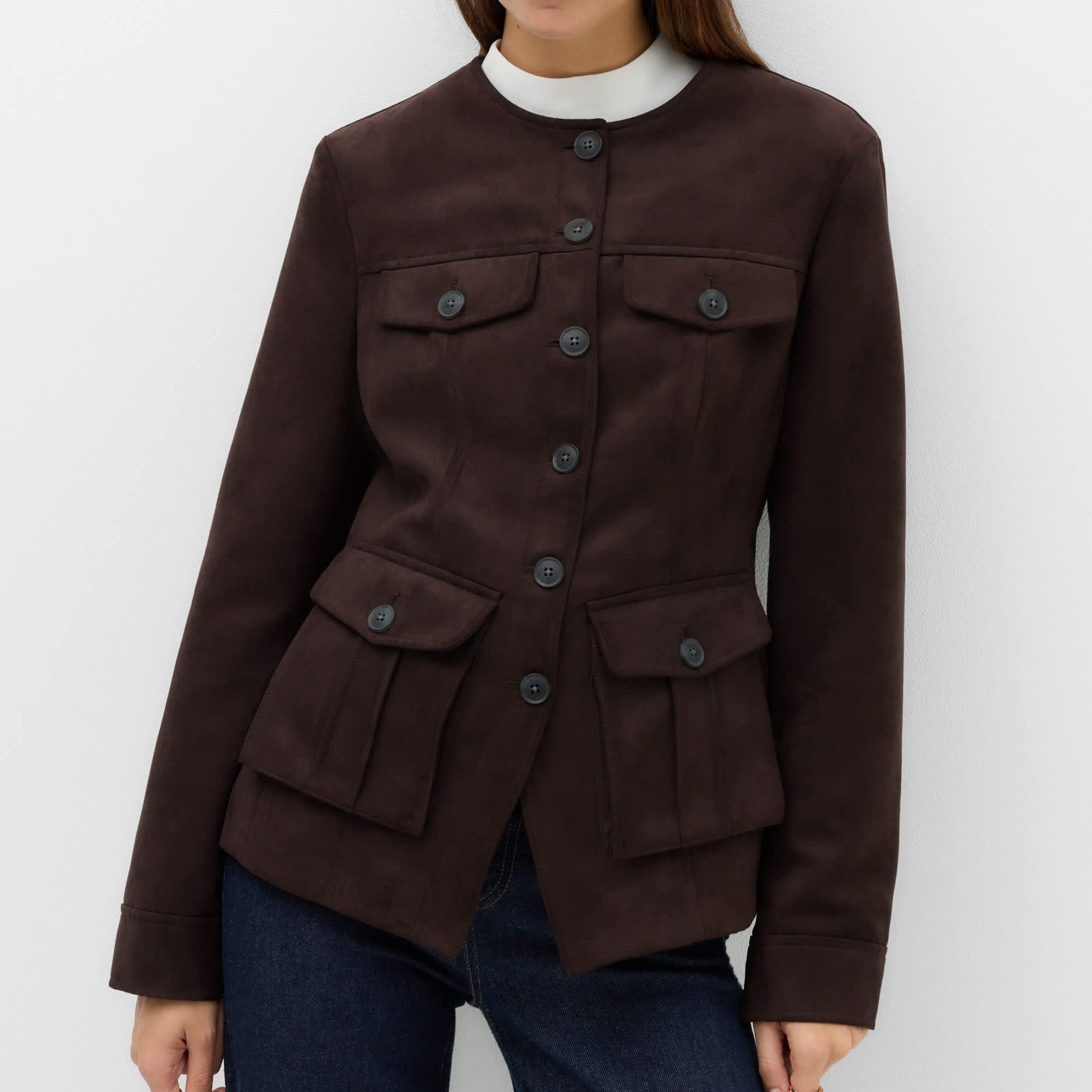 Suedette Colarless Utility Jacket
