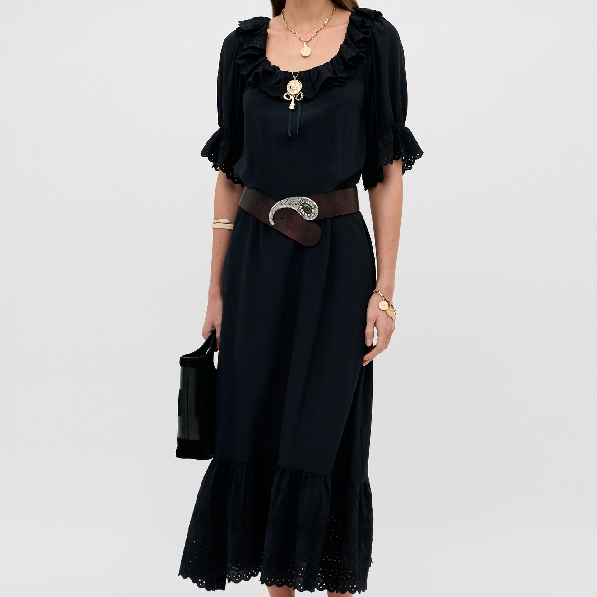 Aprilia Silk Midi Dress in Gracie Embroidery Black