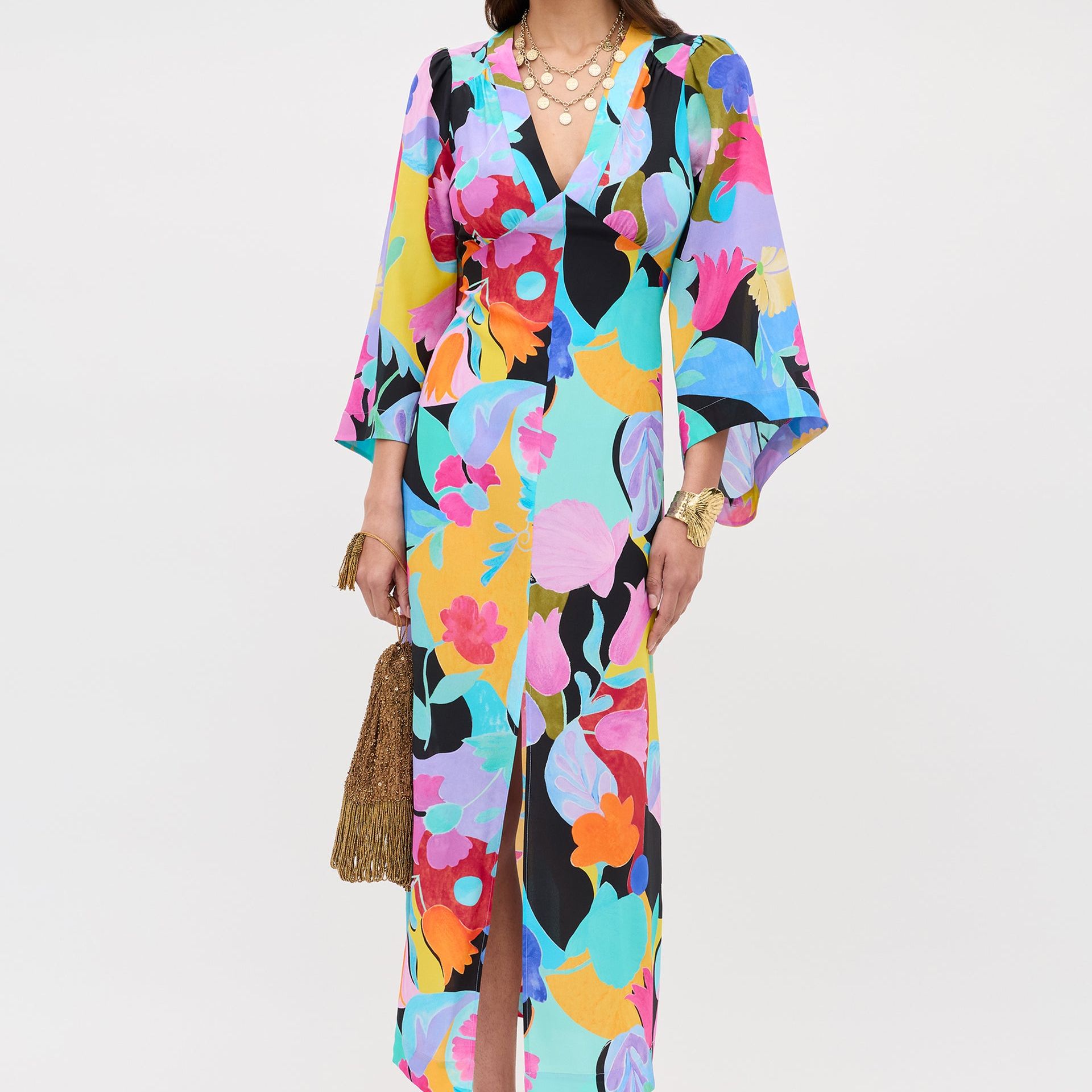 Dahlia Silk Midi Dress in Multi Abstract Tulip Black