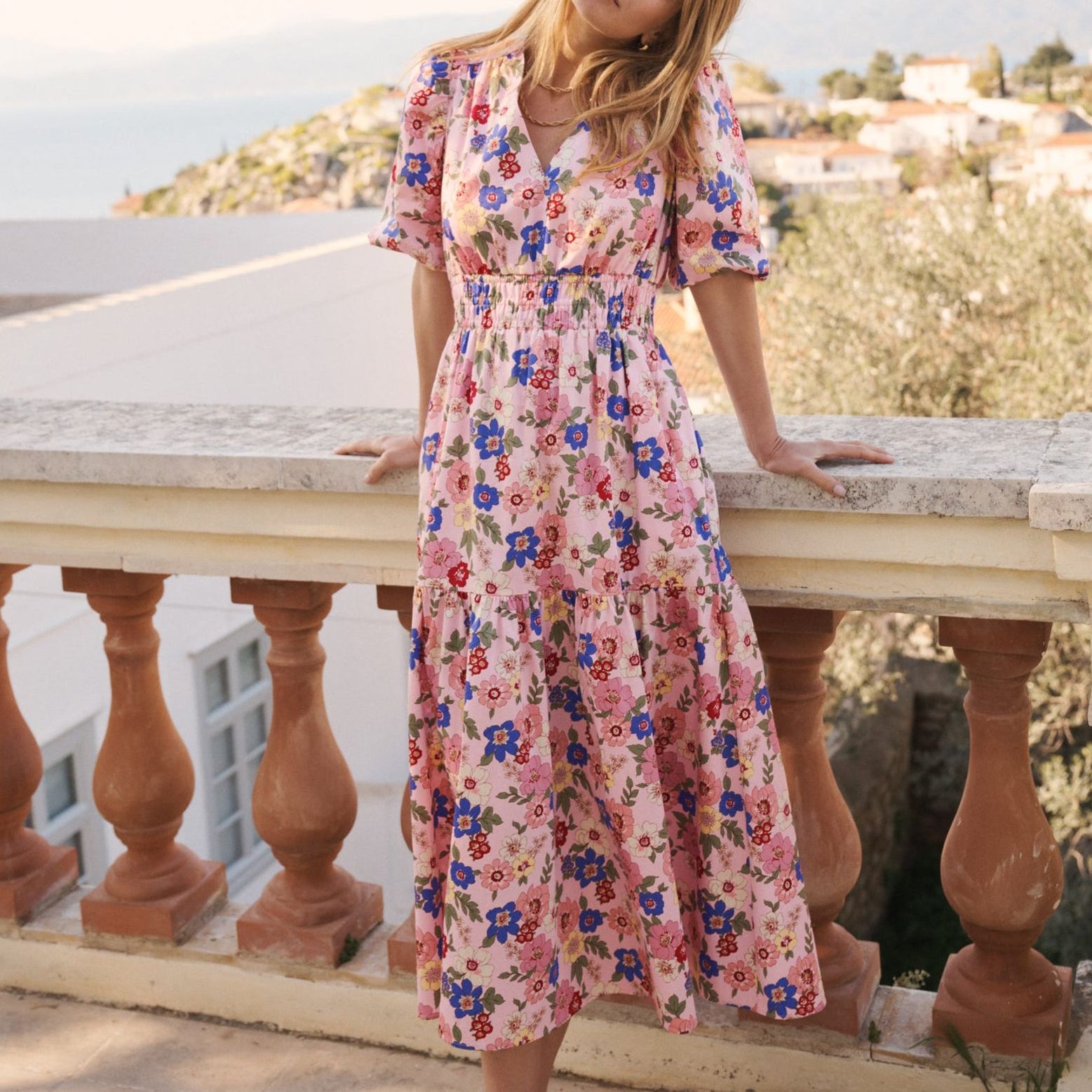 Irene Puff Sleeve Cotton Dress-Pink, Blossomy Garden