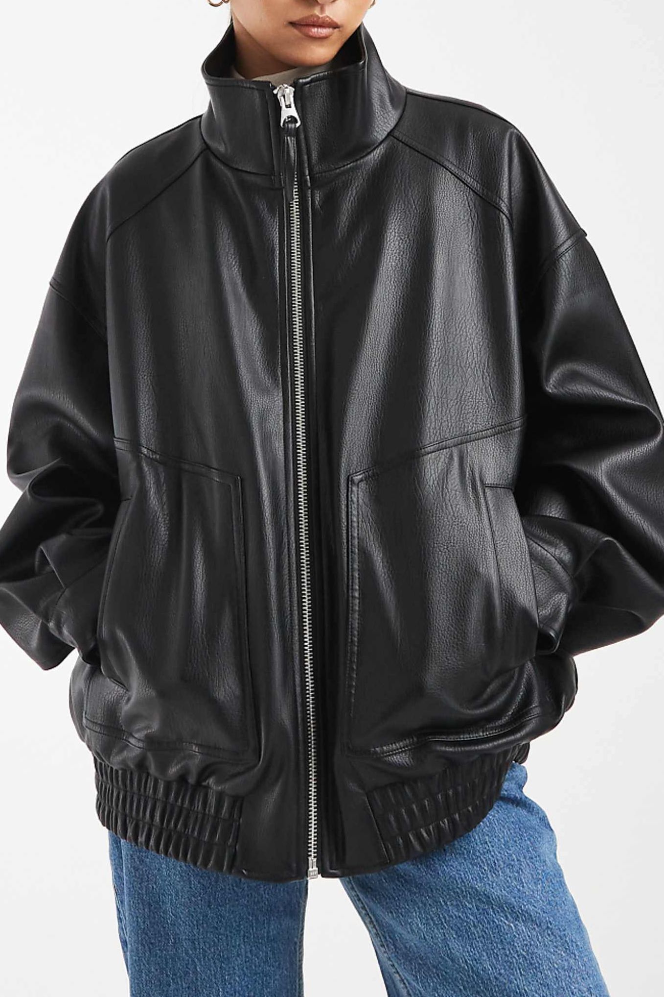 Asos Design Oversized Leather Look Funnel Bomber Jacket in Black