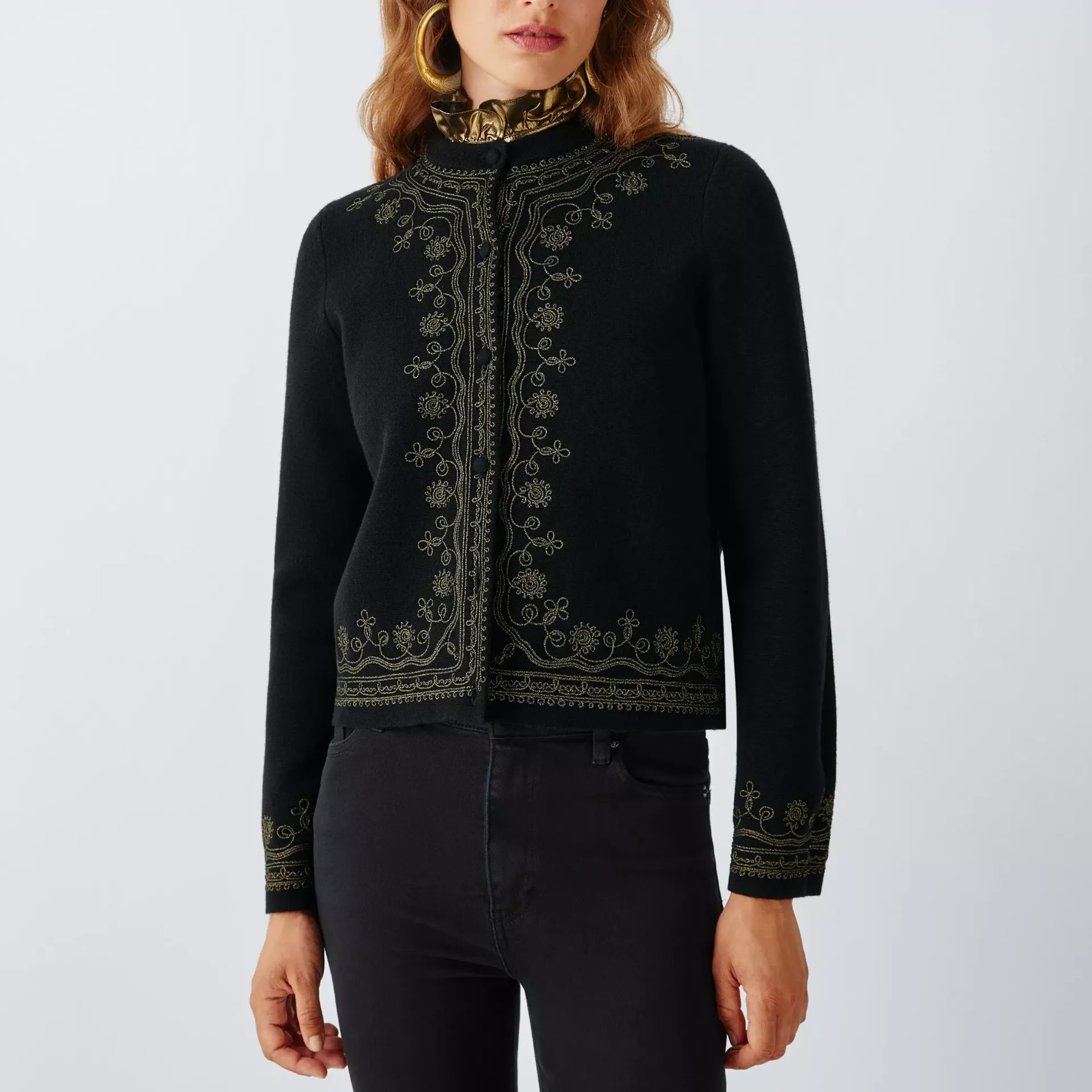 John Lewis X Rixo Halley Embroidered Merino Wool Rich Cardigan, Black