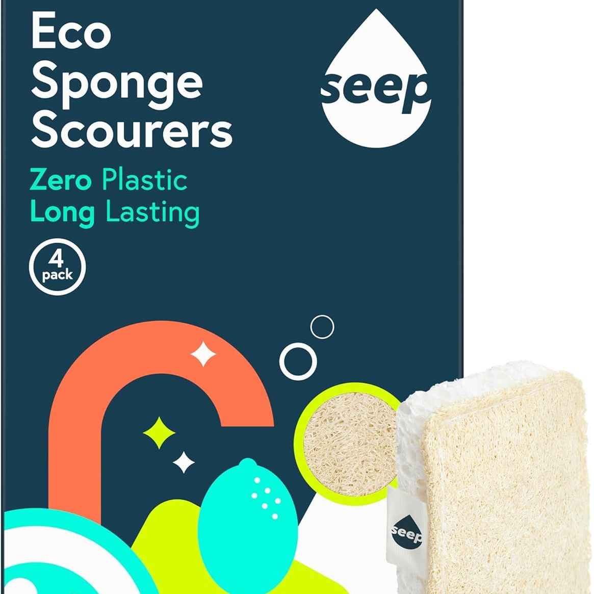Seep Eco Sponges Washing Up - 4 Pack Multipack Compostable Kitchen Sponge - Cleaning Sponges Made Using Loofah - Sponge Scourer