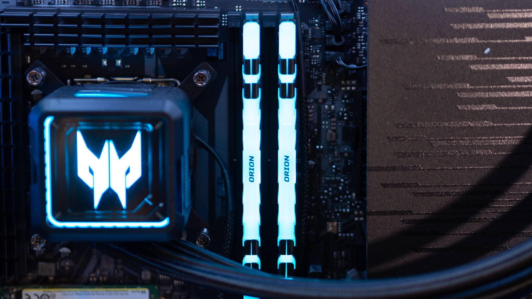 Acer Predator Orion 7000 gaming desktop PC on a wooden desk and yellow background