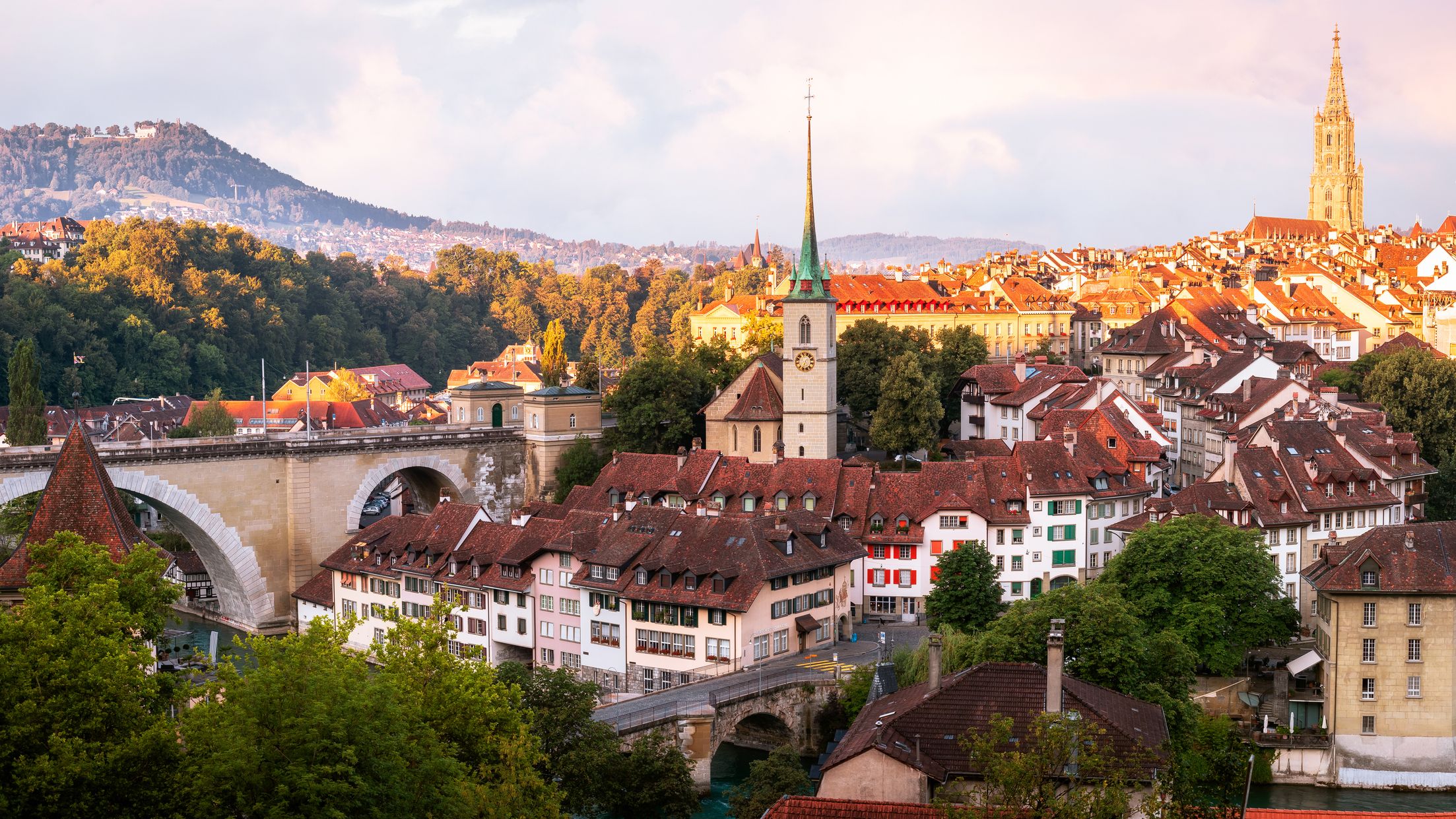 Bern Skyline taken from the Rosengarten at sunrise in Switzerland.