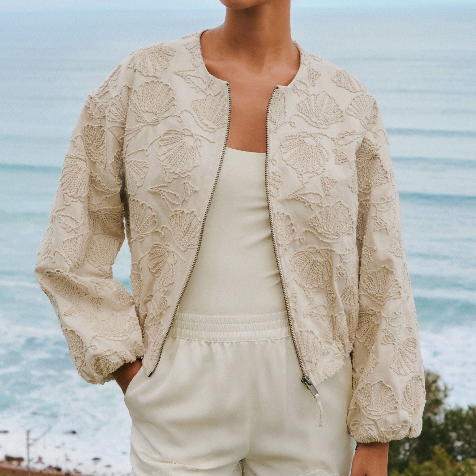 Ecru Seashell Embroidered Cotton Zip Through Jacket