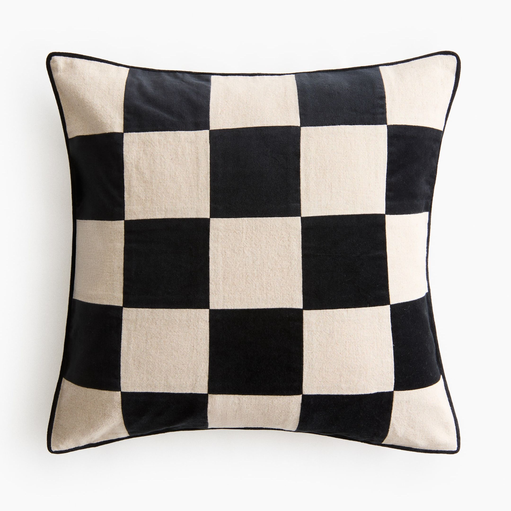 Linen-Blend Cushion Cover - Black/checkerboard