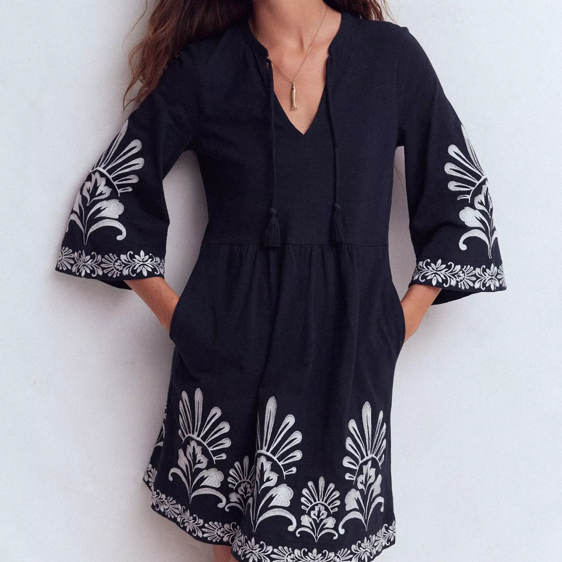 Boden Embroidered Wide Sleeve Kaftan, Navy