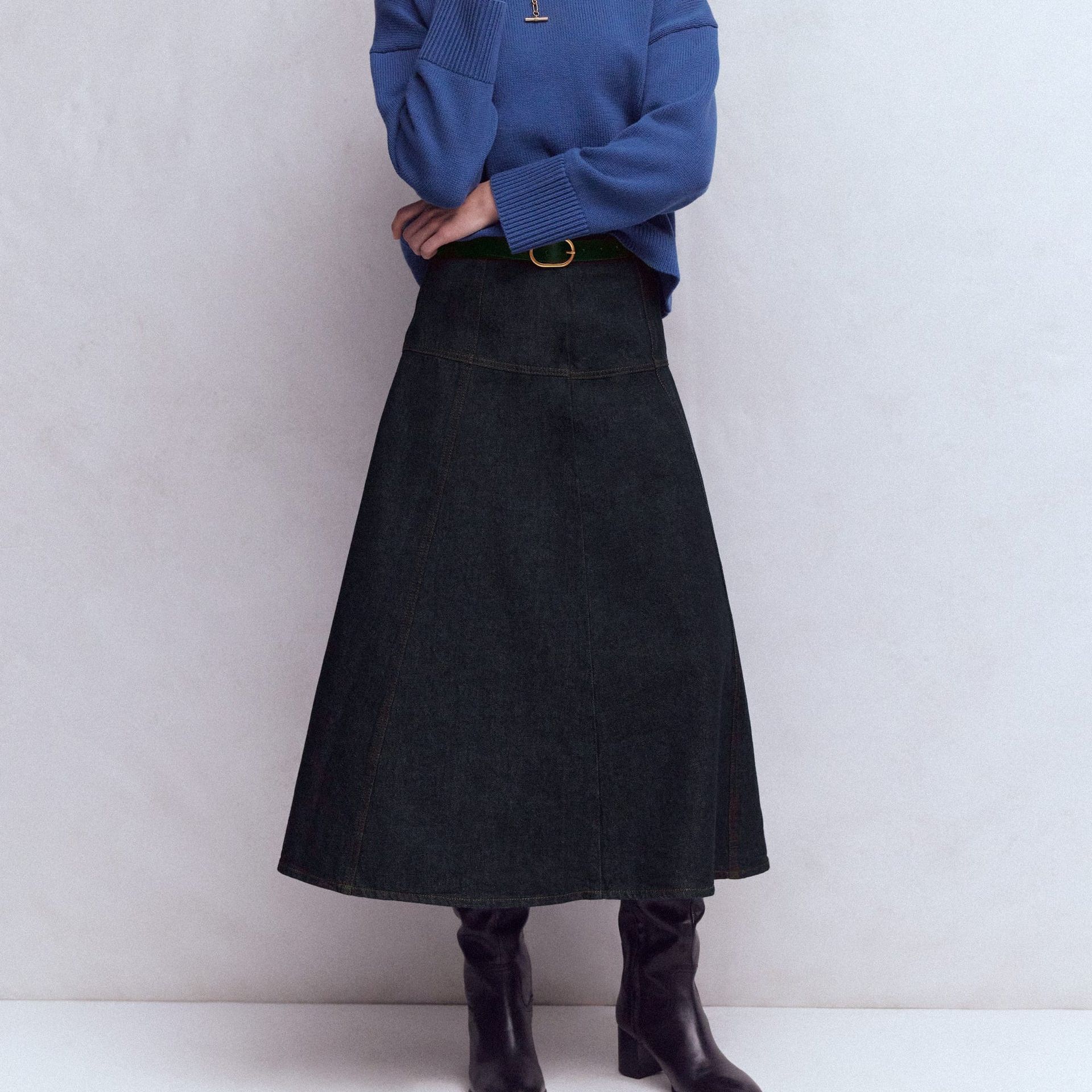 Panelled Detail Denim Skirt-Indigo