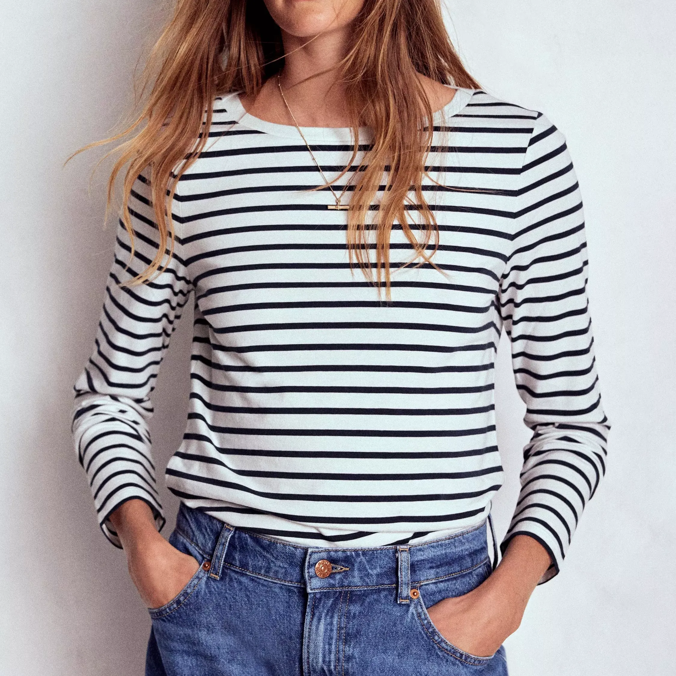 Boden Olivia Breton Stripe Top, Navy/camel