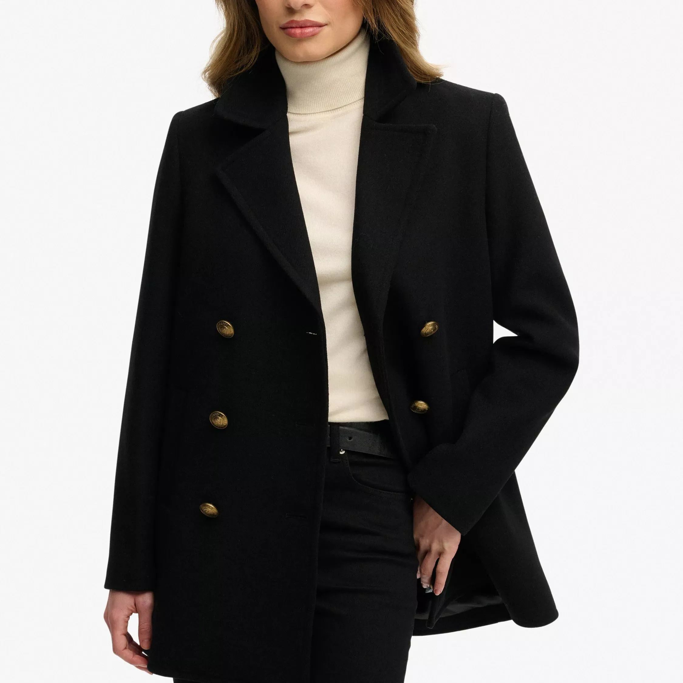 Superdry Double Breasted Wool Rich Peacoat, Black