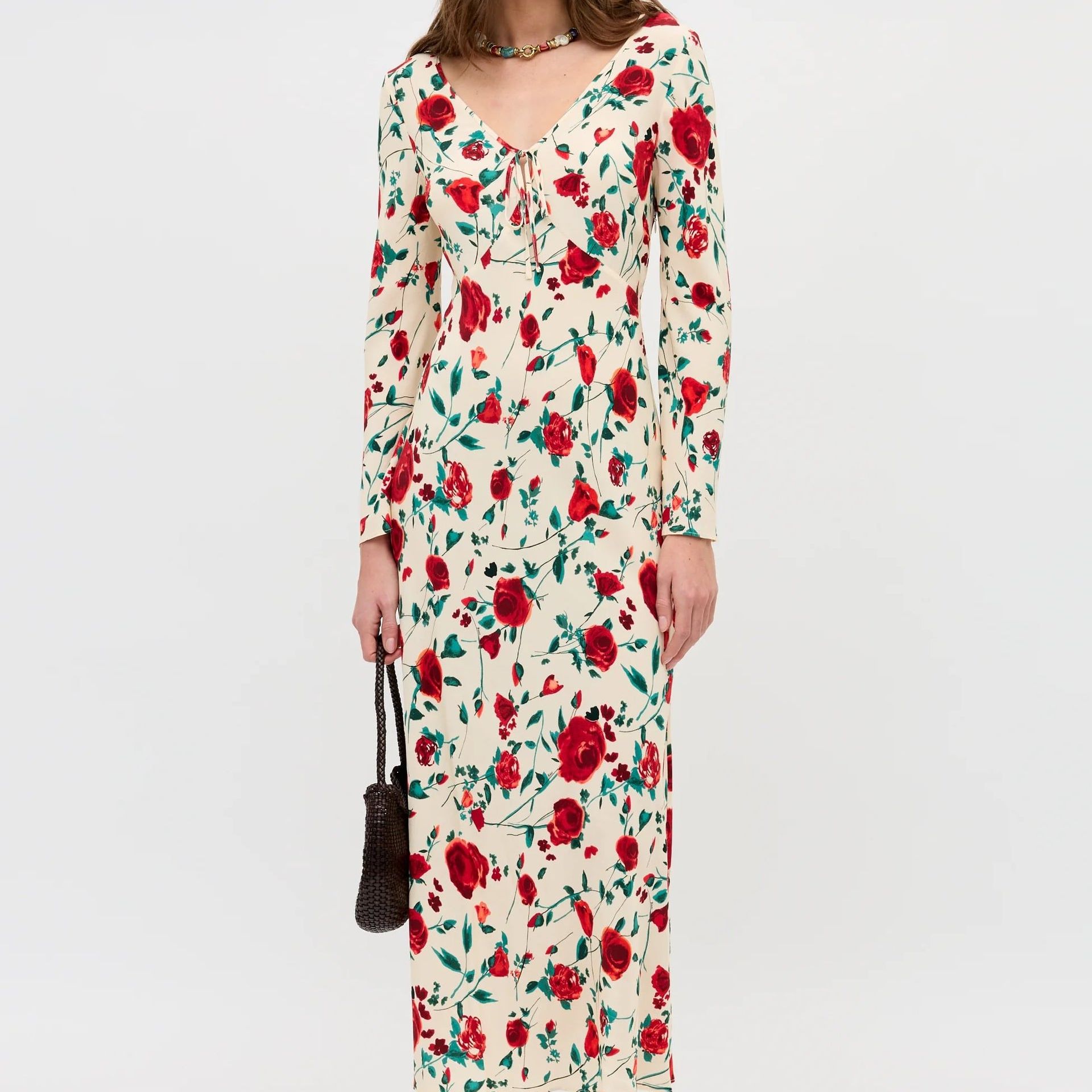 Gwenyth Crepe De Chine Midi Dress in Claudia Rose Cream